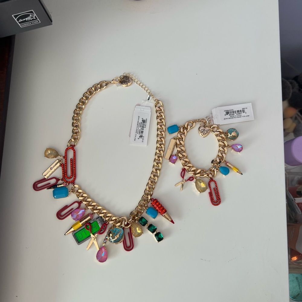Betsey Johnson Back to School Charm Necklace and Bracelet Set